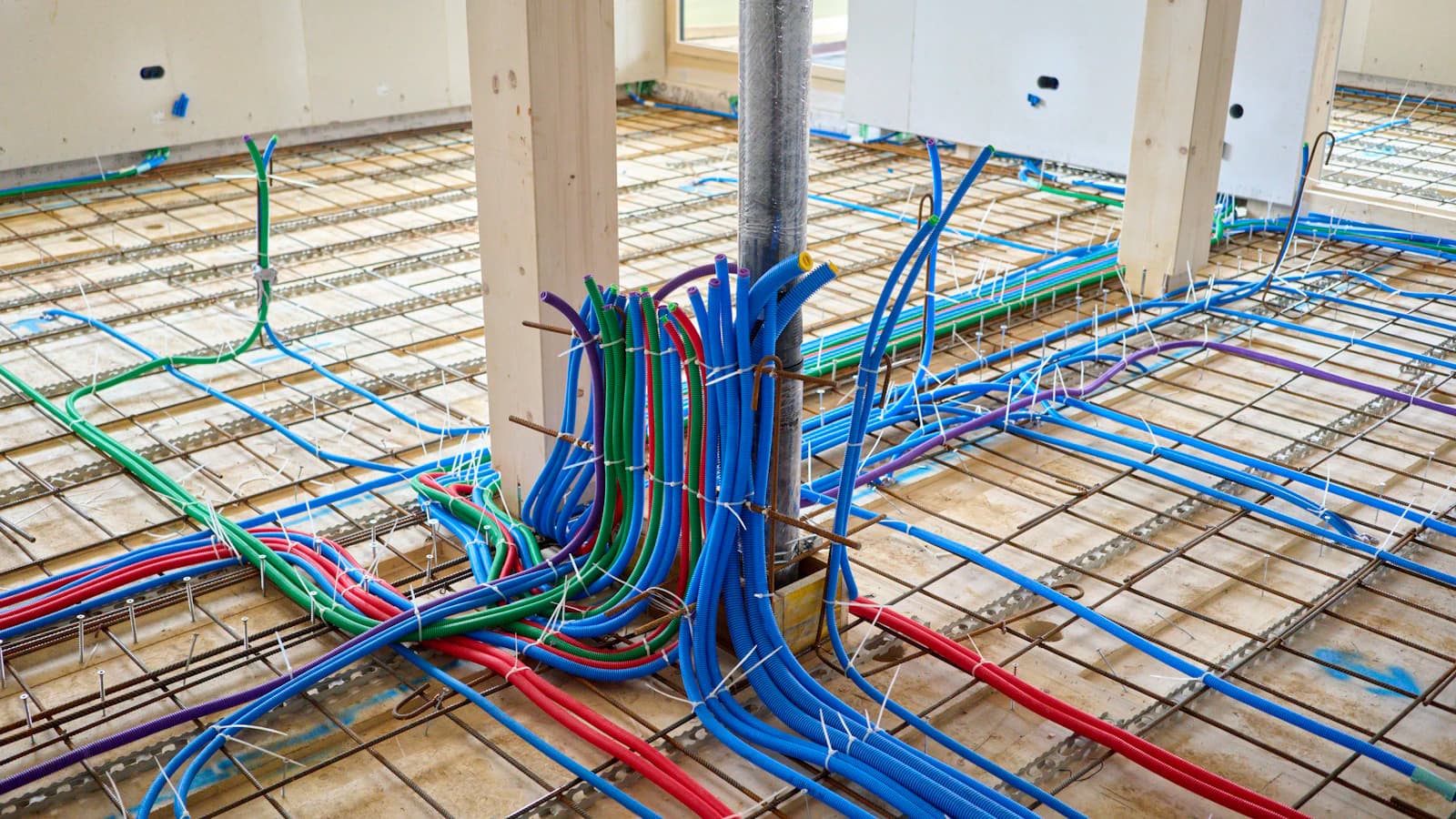 Verdeelblok van een vloerverwarmingsinstallatie met kranen en aansluitingen