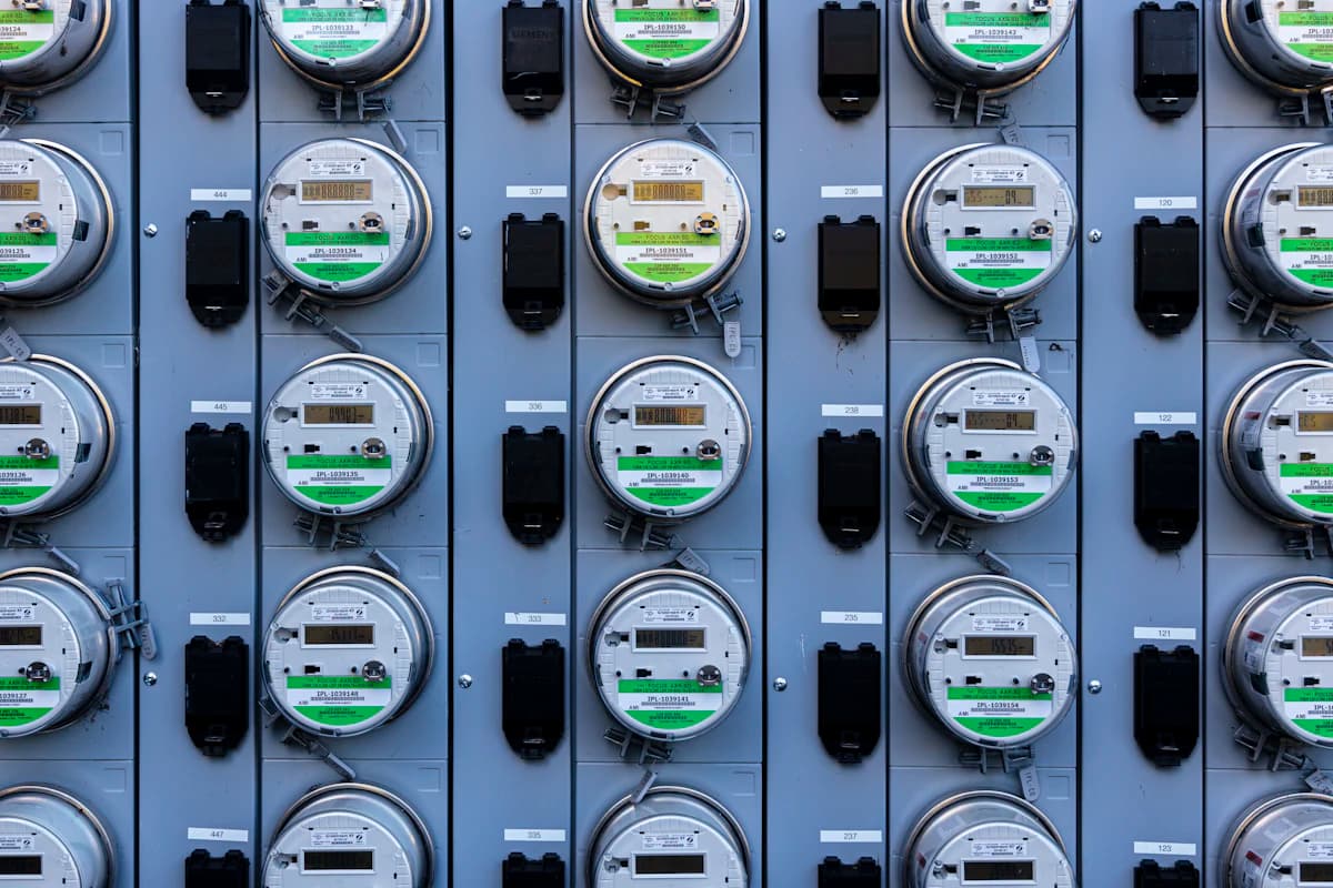 Digitale slimme energiemeter in een Nederlandse meterkast met display en P1-poort